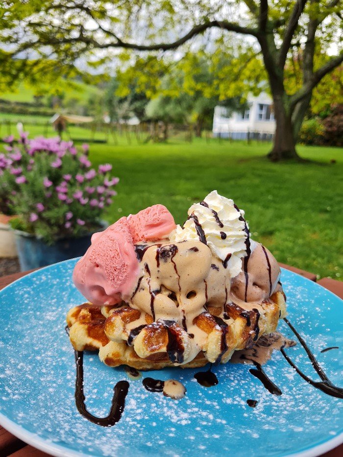 Ice cream on a belgium waffle