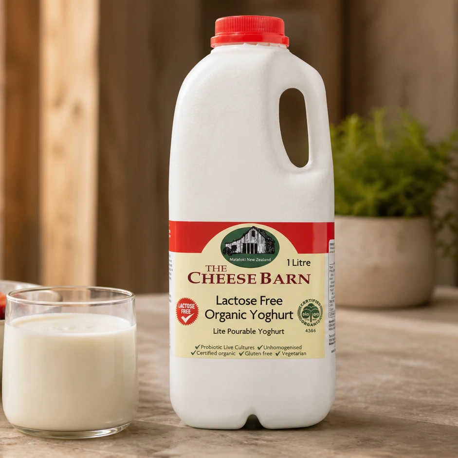 Lactose Free Organic Yoghurt from The Cheese Barn at Matatoki, a 1 litre bottle of lite pourable probiotic yoghurt