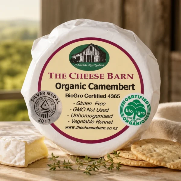 Organic Camembert from The Cheese Barn at Matatoki, a certified organic camembert served with crackers and thyme