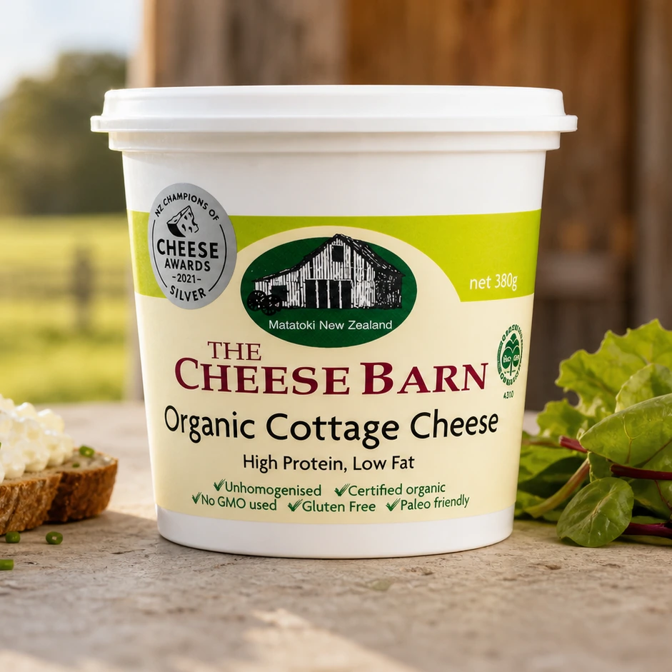 Organic Cottage Cheese from The Cheese Barn at Matatoki, a 380g pottle of certified organic high protein cottage cheese