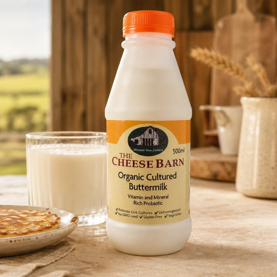 Organic Cultured Buttermilk from The Cheese Barn at Matatoki, a 500ml bottle of vitamin and mineral rich probiotic buttermilk
