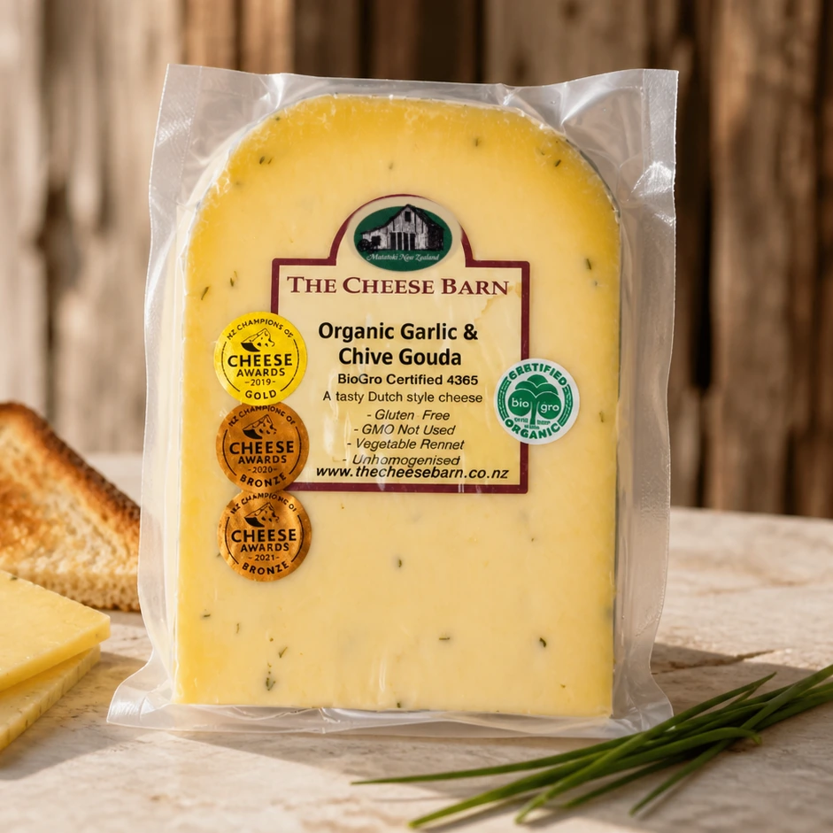 Organic Garlic and Chive Gouda from The Cheese Barn at Matatoki, a tasty Dutch style certified organic gouda with garlic and chive
