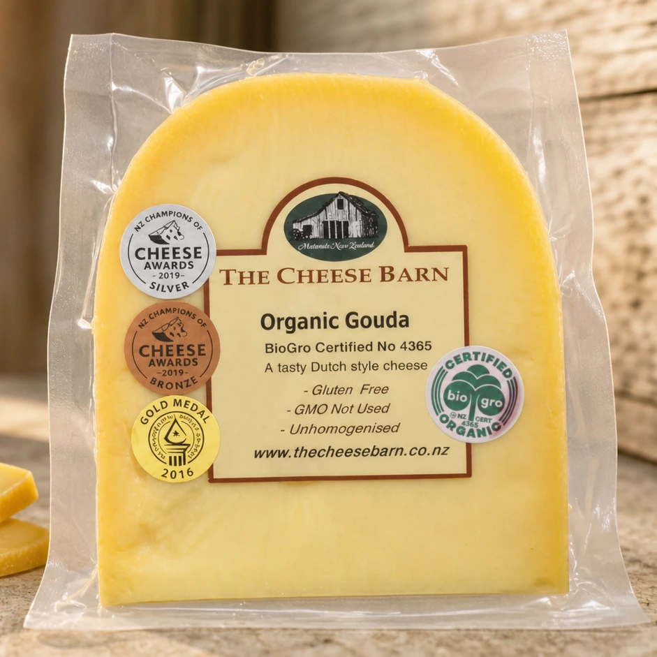 Organic Gouda from The Cheese Barn at Matatoki, a tasty Dutch style certified organic gouda, award winner at the NZ Champions of Cheese Awards
