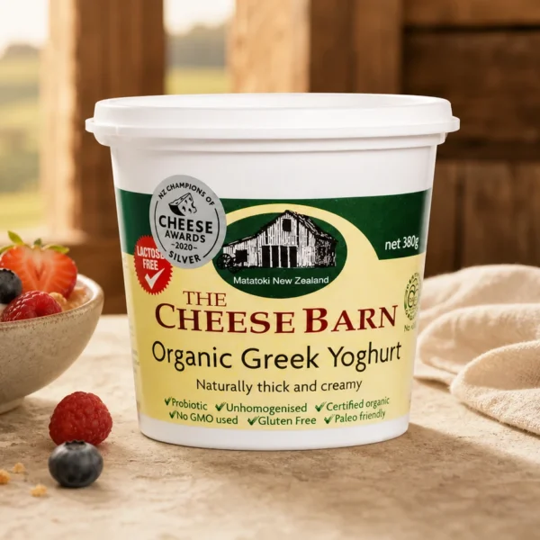 Organic Greek Yoghurt from The Cheese Barn at Matatoki, a 380g pottle of naturally thick and creamy certified organic greek yoghurt