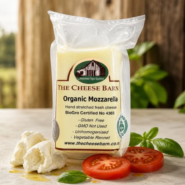 Organic Mozzarella from The Cheese Barn at Matatoki, a hand stretched fresh certified organic mozzarella with tomato and basil